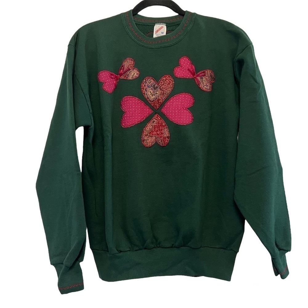 Vintage Jerzees Green & Red Heart Patchwork Pullover Sweatshirt